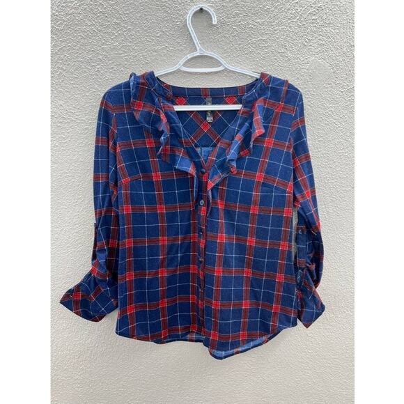 Alter Ego Womens Blue Red Plaid Ruffled Long Sleeve Button-Down Shirt Medium - Picture 1 of 10
